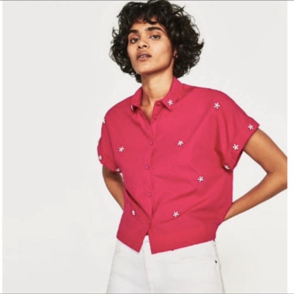 Zara Embellished Beaded Floral Hot Pink Crop Top
